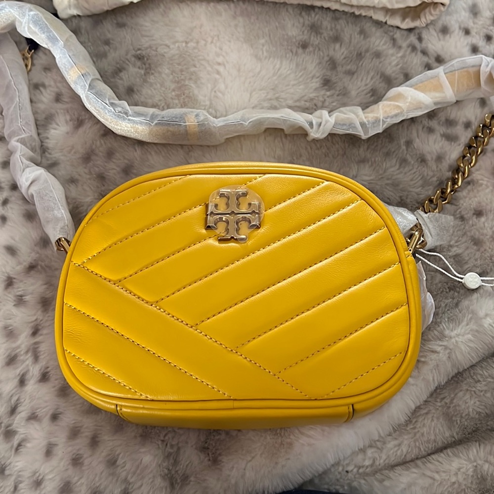 Tory Burch Yellow Quilted Leather Crossbody with Gold Logo